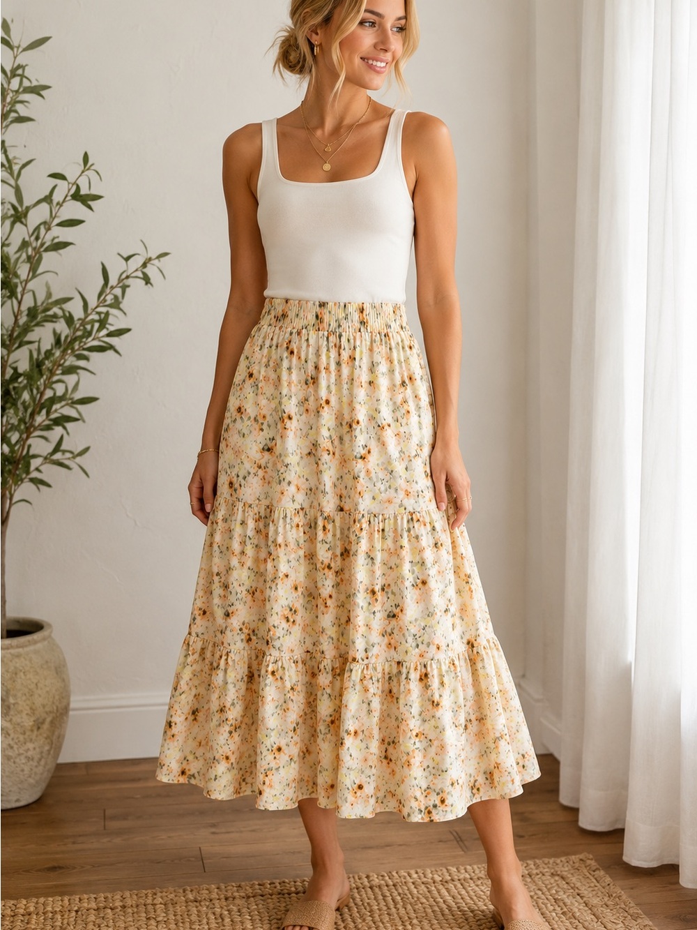 TART TALLI Floral Tiered Maxi Skirt — Cotton Cream with Orange Floral Print